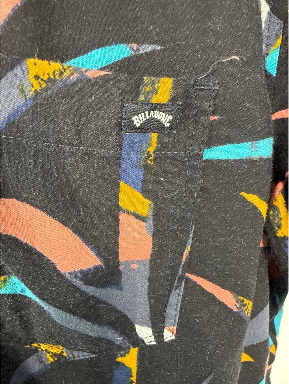 Billabong Mens Black Multicolor Abstract Print Short Sleeve Button Up Surf Shirt - Picture 6 of 8